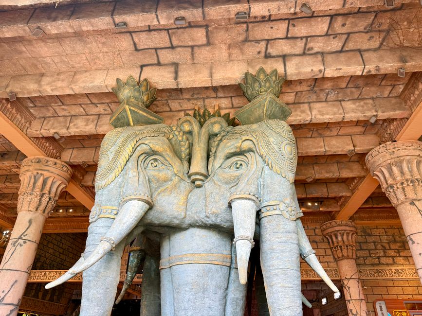 Beautiful and detailed stone elephant sculptures as temple pillars.