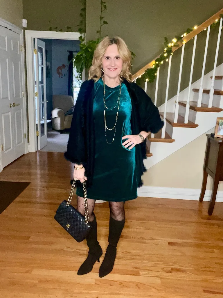 Create a Festive Holiday Look with a Velvet Dress and a Shawl